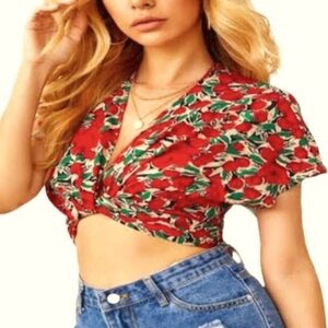 NEW Medium Crop Top SEXY Flowered Red  Floral BAT Sleeve Tie Front V neck flower